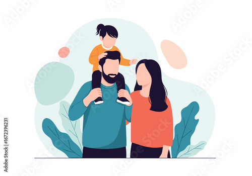 Happy family together outdoor fun casual lifestyle parents and child enjoying nature greenery and abstract shapes illustrations
