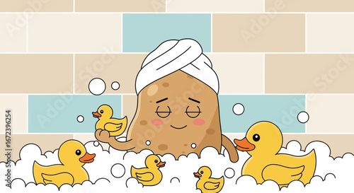 A Relaxing Potato Enjoys a Bath with Rubber Duckies, Surrounded by Bubbles