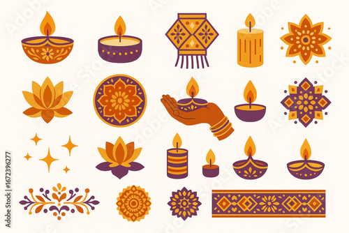 Flat Vector Illustration Set of Diwali and Indian Festival Icons with Diyas, Mandalas, and Lanterns