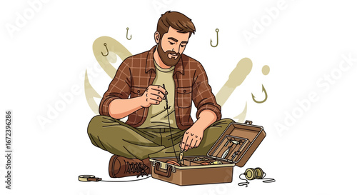 A Relaxing Cartoon Depiction Of A Bearded Man Arranging His Fishing Tackle On White Background