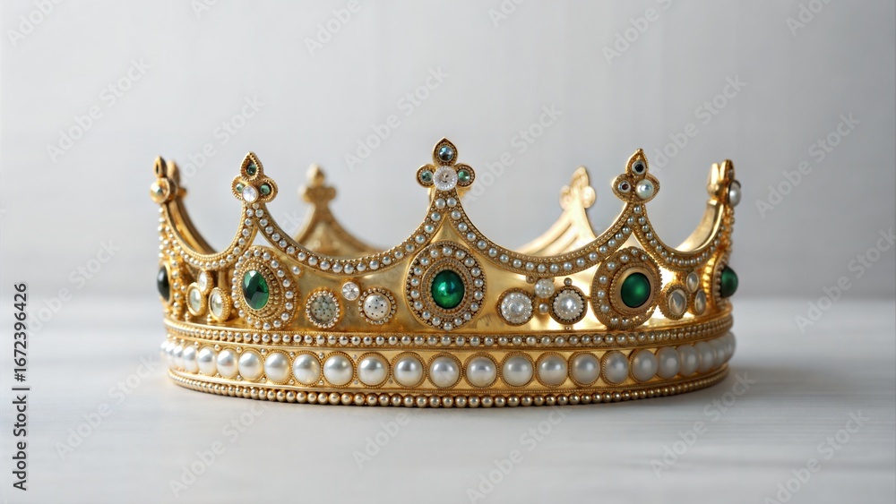 Fototapeta premium Ornate Gold Crown Adorned with Emeralds and Pearls