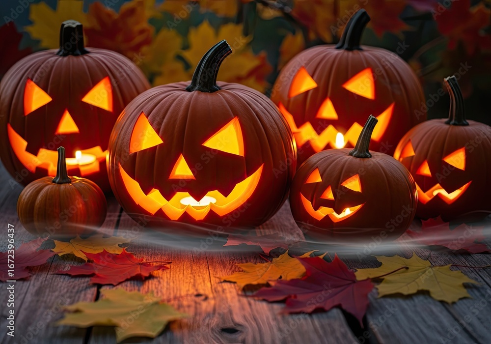 Fototapeta premium Photo of festive halloween display of glowing jackolanterns and autumn leaves on a rustic wooden table, creating a warm and spooky seasonal atmosphere