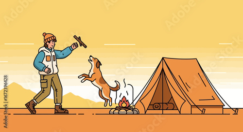 A Cheerful Person And Their Playful Dog Enjoying Fun Camping Trip Outdoors