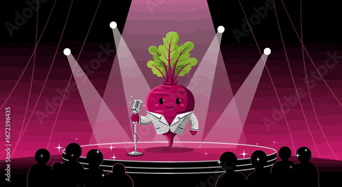 A Singing Beetroot On Stage In Front of Audience, Lit By Spotlights And Microphone