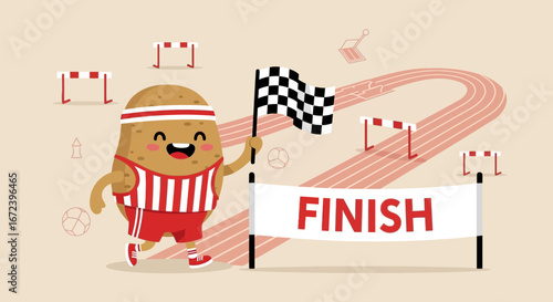 A Cheerful Potato Athlete Crosses Finish Line in An Illustrated Race