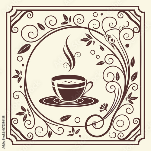 An inviting hot coffee and tea breakfast beverage served in a brown mug with beans and steam                                                        