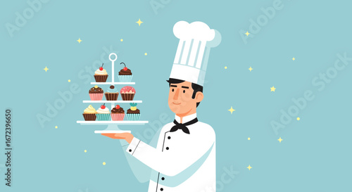 A Smiling Baker Carries Cupcakes on a White Tiered Dish Offering Sweet Treats