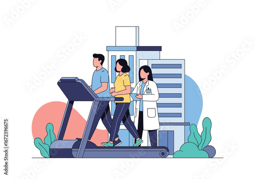 Doctors guide patients through cardiac rehabilitation exercise on treadmill