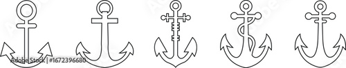 Anchor icons set in black outline silhouette vectors designs, nautical marine navy boat ship yacht cruise dock harbor sailing emblem symbols illustration collection isolated on transparent background.