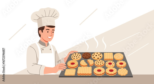 A Smiling Baker Shows Freshly Baked Cookies From The Oven, Illustrating Culinary Happiness