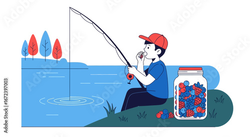 A Solitary Fisherman Enjoying Berries While Waiting For A Catch At The Lake