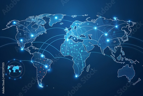 Global network illustration with connections across continents, representing communication and data transfer in a digital world