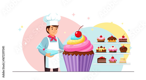 A Chef Crafting A Lavish Swirl-Topped Cupcake Alongside Variety Of Sweet Treats