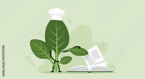 A Spinach Chef Delights With Culinary Creations From A Recipe Handbook