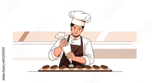 A Chef Decorates Freshly Baked Eclairs With Cream, Culinary Arts And Pastry Making