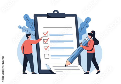Collaborative checklist completion with two people and a giant pencil demonstrating project task management and organization