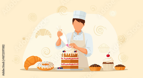A Chef Decorating a Multi-layered Cake, Baking and Pastry Dessert Illustration
