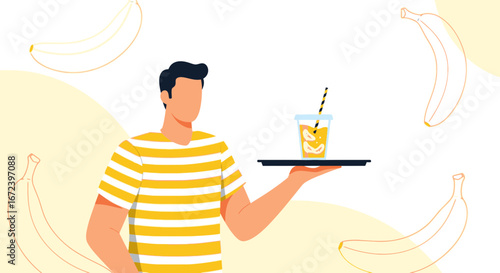A Striking Illustration of A Man Presenting A Banana Juice with Yellow Elements