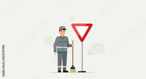 A Street Cleaner Next To A Yield Sign Illustration, Urban Cleaning, and Safety