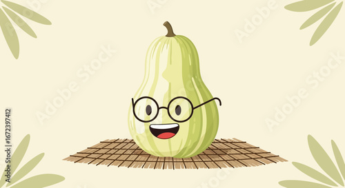 A Vegetable Character Wearing Glasses and Smiling on a Beige Background