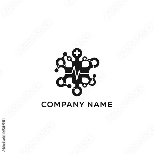 Abstract Healthcare Technology Logo - Heartbeat, Plus Symbol, and Interconnected Nodes.