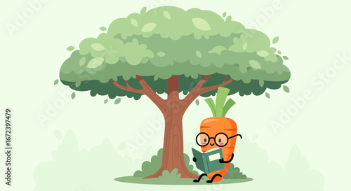 A Clever Carrot Reading a Book Under a Lush Tree Shade Enjoying a Literary Pursuit