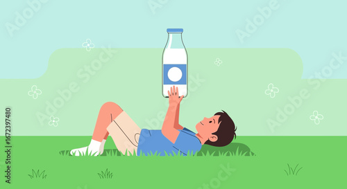 A Child's Joyful Dairy Moment: Resting in Meadow Grass with Milk Bottle Raised