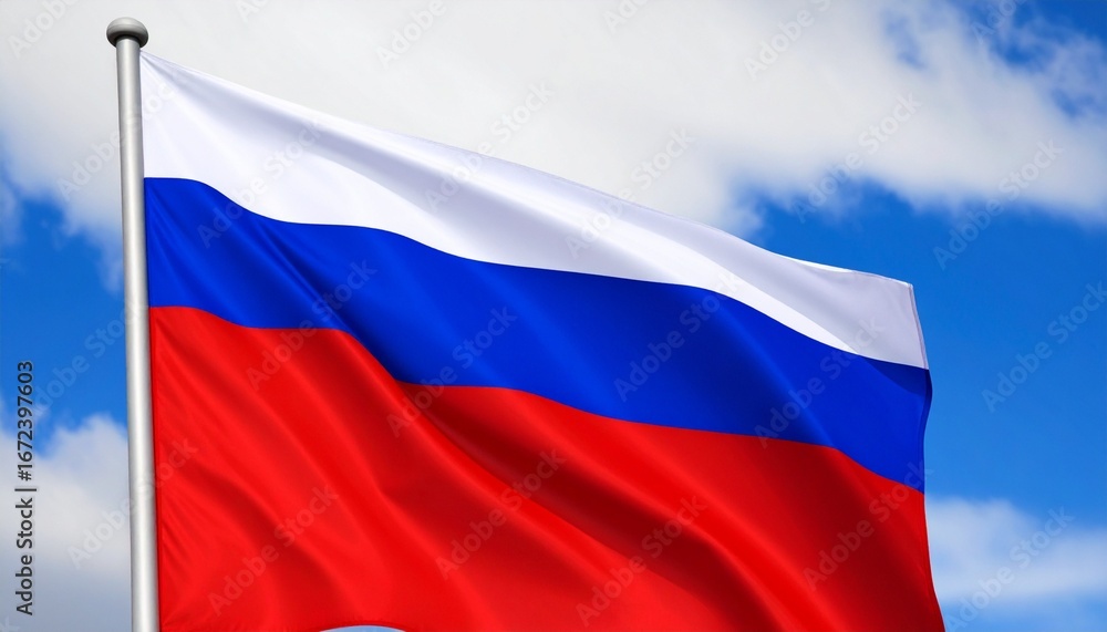 Fototapeta premium French national flag waving against a blue sky with clouds.