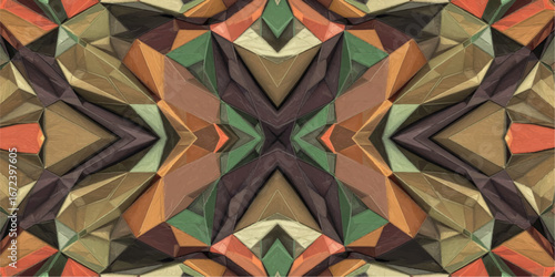 Kaleidoscopic geometric pattern with earthy tones and faceted shapes, creating a vibrant and complex abstract background