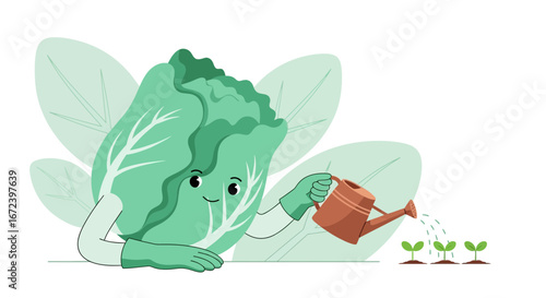 A Whimsical Animated Cabbage Nurturing Seedlings With Water From a Watering Can