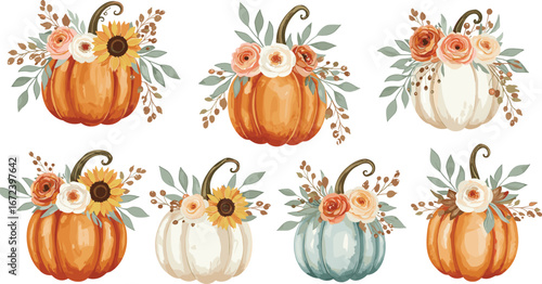 Watercolor floral pumpkins clipart set, fall pumpkin bouquet design, pastel autumn decor elements, Thanksgiving embellishments, seasonal botanical artwork