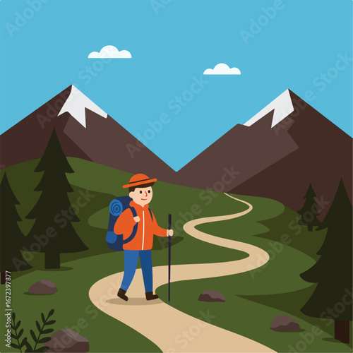 Hiker Walking Up the Mountain Path