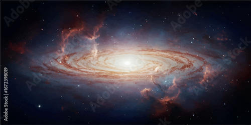 Andromeda galaxy, a spiral galaxy with glowing arms and a bright central bulge, set against a backdrop of stars