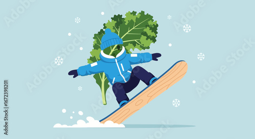A Whimsical Kale-Headed Snowboarder Enjoying the Winter Season with Artistic Flair