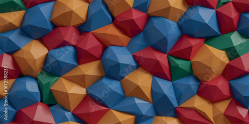 A textured surface composed of colorful geometric shapes, resembling faceted stones or crystals in a random arrangement