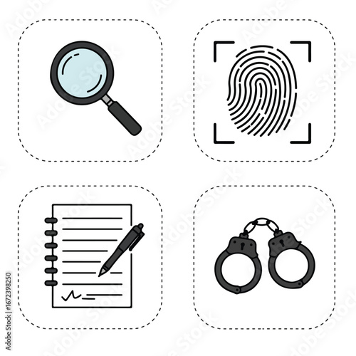 Investigate Crime Magnifying Glass, Fingerprint, Notepad, Handcuffs in Office