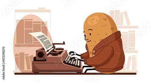 A Whimsical Potato Character Writing On A Typewriter With Cozy Sweater And Books