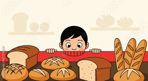 A Curious Child Watches Bread Displayed Behind A Counter In A Bakery