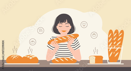 A Woman Appreciating Freshly Baked Bread in A Cozy and Delightful Bakery Setting
