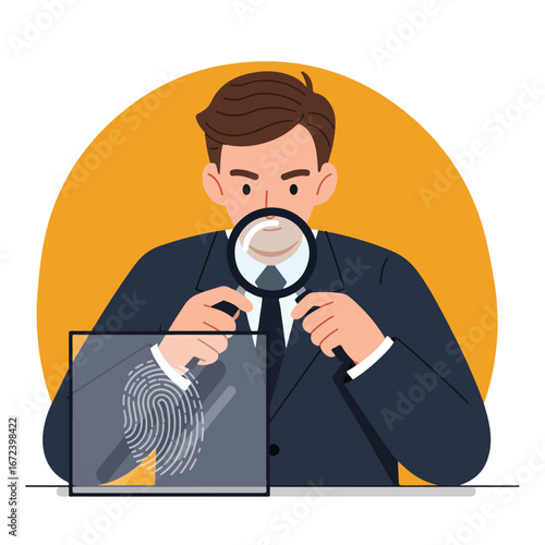 Inspector Examines Fingerprint using Magnifying Glass at the Office