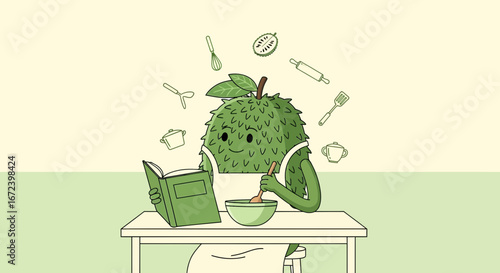 A Cute Soursop Character Enjoying Culinary Delights While Reading A Cookbook