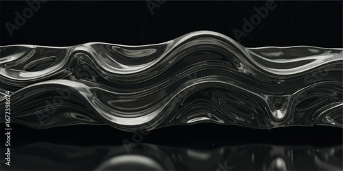 Wavy metallic substance with intricate patterns and reflections, set against a dark, minimalist background