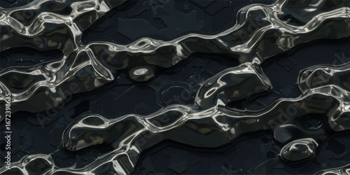 Closeup of flowing metallic liquid shapes on a dark, textured surface, emphasizing reflection and light