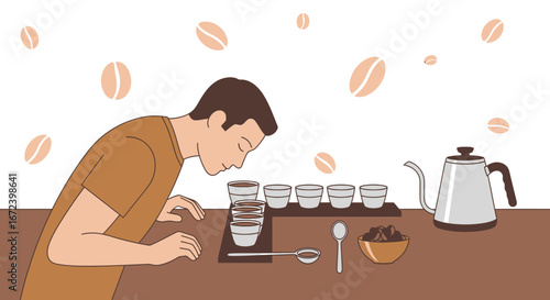 A Detailed Illustration Shows Coffee Tasting Process and Aroma Analysis, Brewing and Roasting