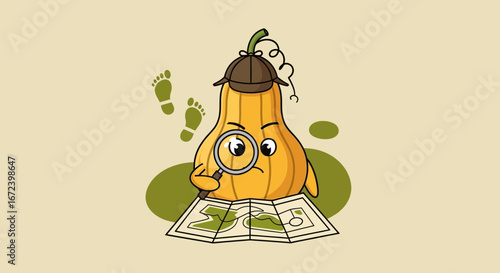 A Detective Pumpkin Investigates Footprints and Maps in a Whimsical Illustration
