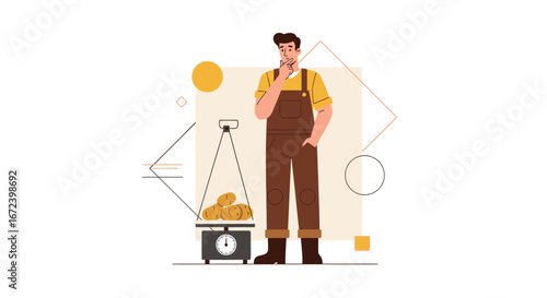 A Farmer Contemplating The Harvest Weighing Potatoes On Vintage Scales With Style