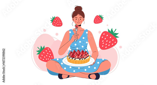A Woman Joyfully Savoring An Exquisite Strawberry Tart Dessert In A Serene Setting