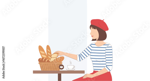 A French Woman Selects Fresh Bread From A Basket With Coffee, Enjoying The Moment