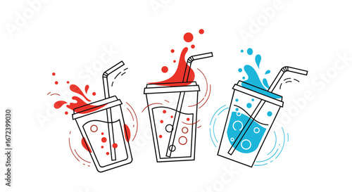 Refreshing drinks with colorful splashes and straws perfect for summer, party, or menu design