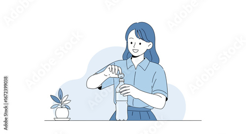 A Woman Uncorking Water Bottle Vector Illustration Smiling, Simple Blue Tone, Light